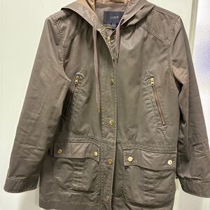 J. Crew Hooded Utility Jacket in Olive Brown with Gold Hardware